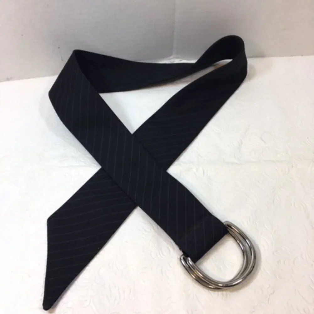 Black Striped Cloth Belt Double Silver Toned Buckles